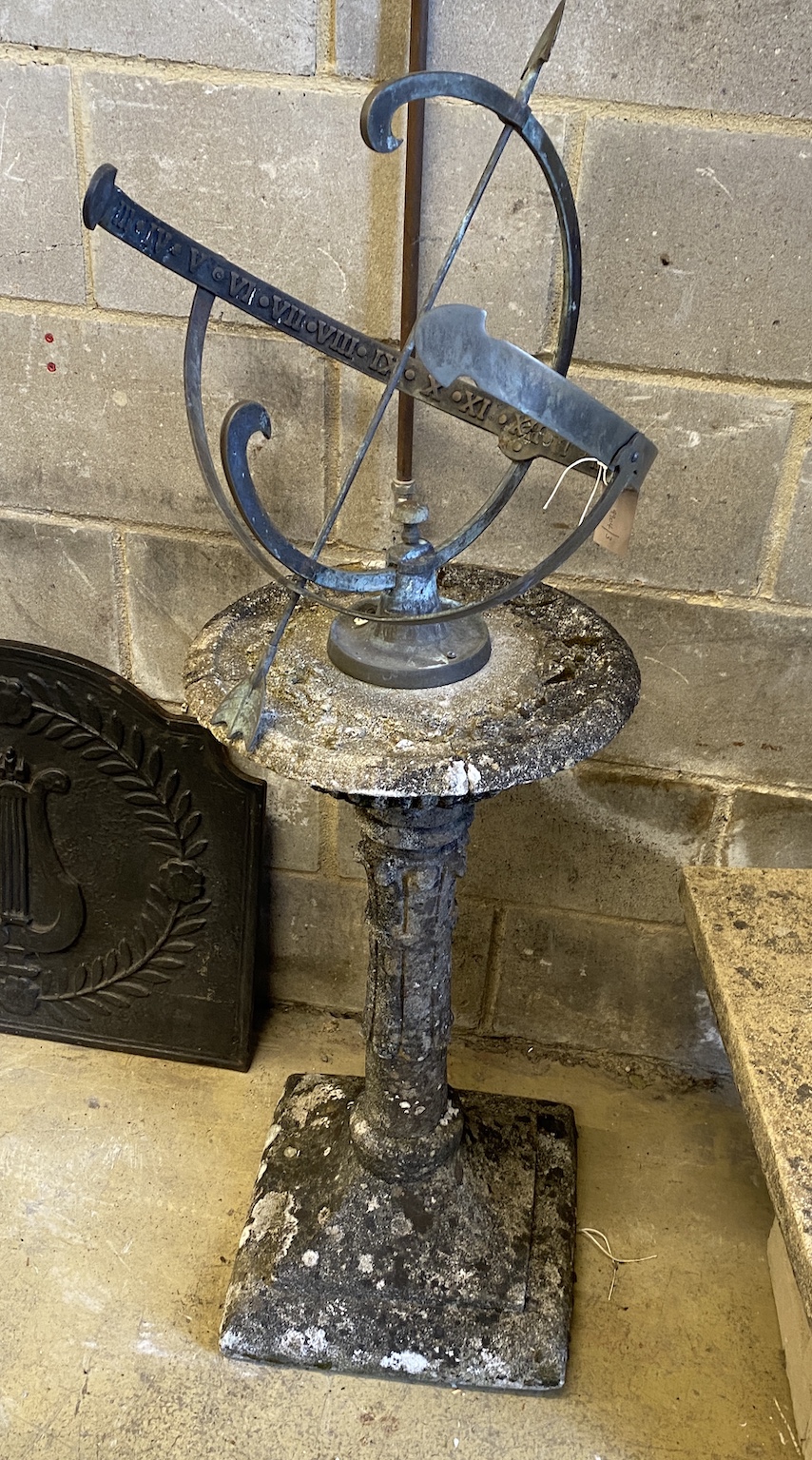 A cast metal and reconstituted stone orb sundial, height 125cm